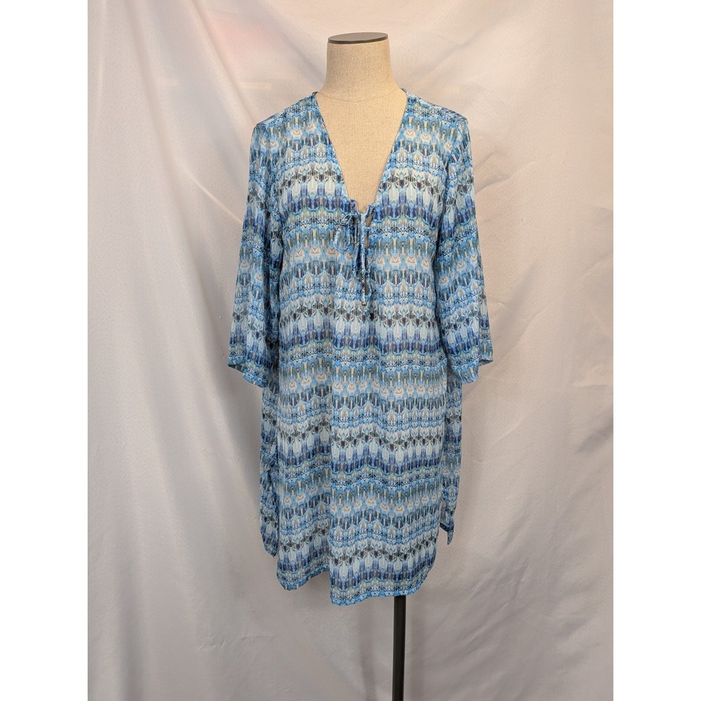 Portocruz Swim Cover-Up XL Blue Geometric Sheer Tunic V-Neck Resort Wear Mexico